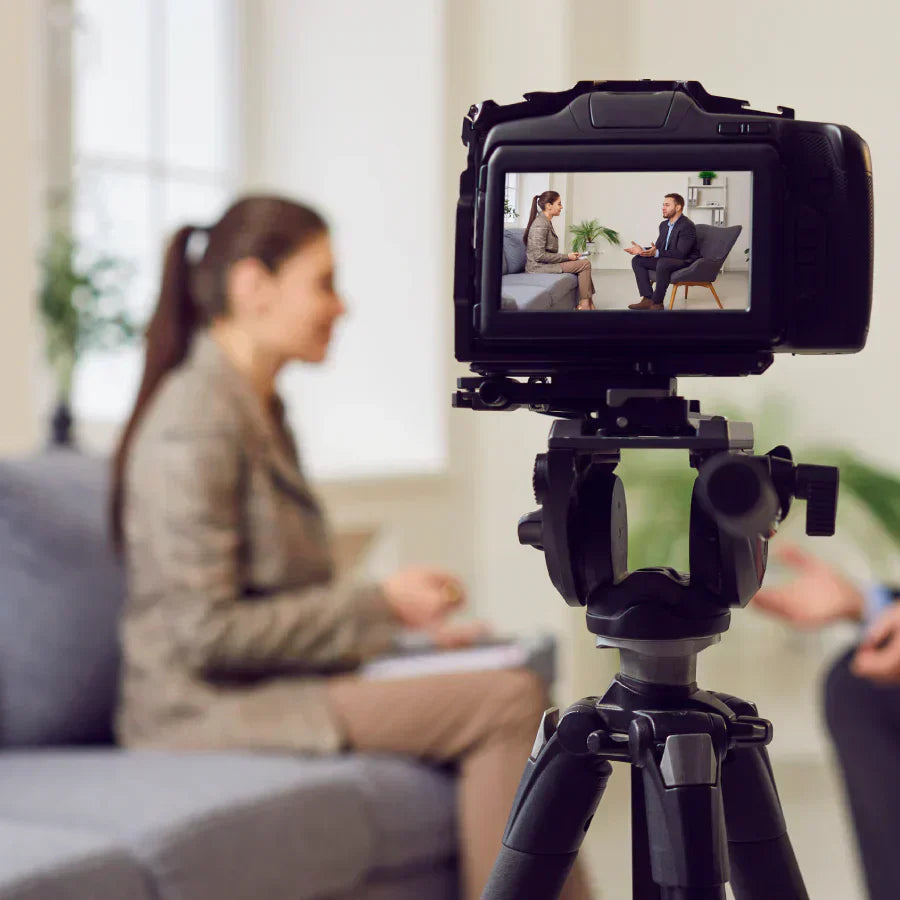 Camera filming an interview; woman wears a Plaud NotePin to record and transcribe the conversation.