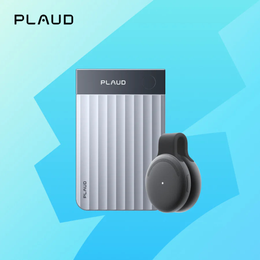 Silver Plaud Note Pro and black Plaud NotePin AI voice recorders on a blue background.