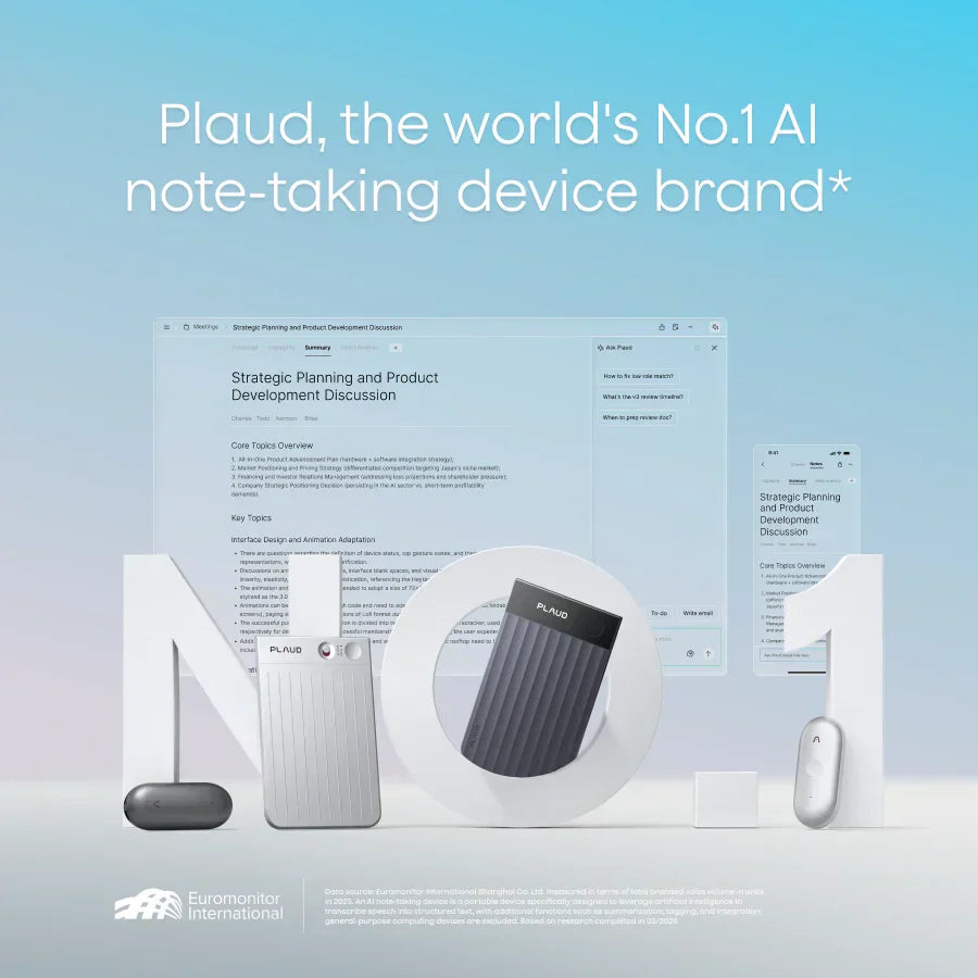 Silver and black Plaud Note Pro and a Plaud NotePin with text: Plaud, the world's No.1 AI note-taking device brand.