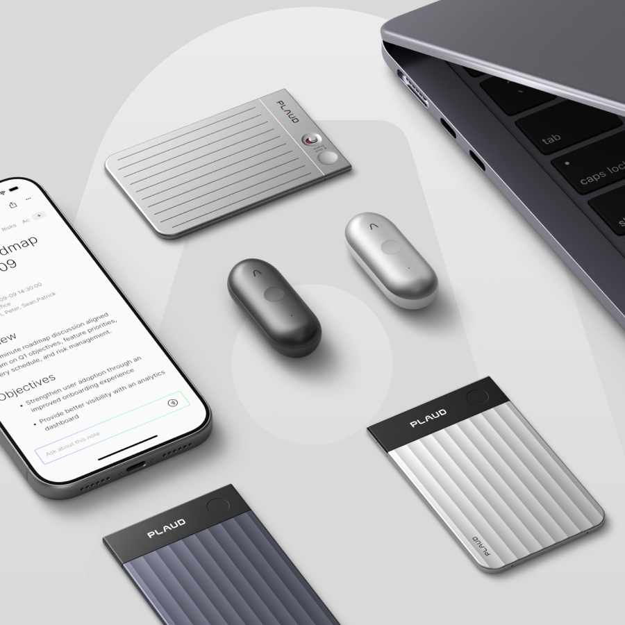 Plaud Note, Plaud Note Pro, and Plaud NotePin AI voice recorders in silver and grey with the Plaud App on a smartphone.