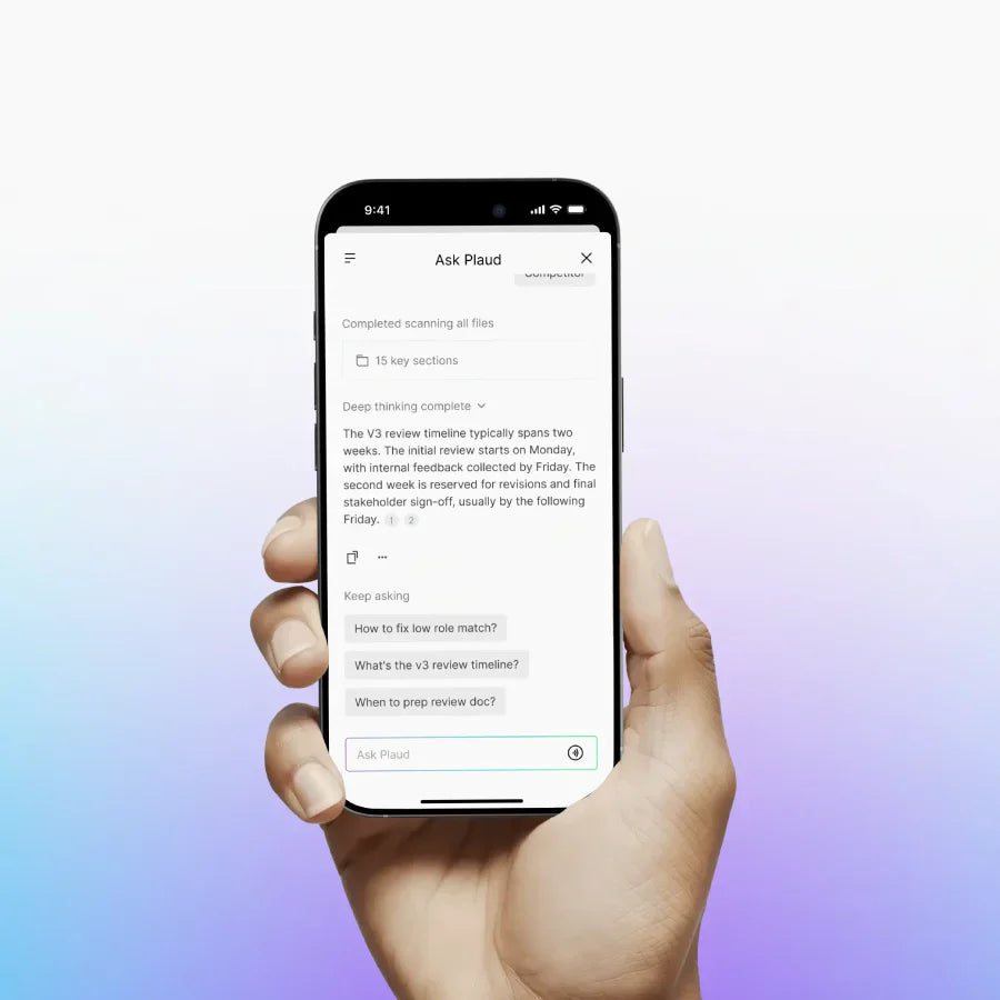Smartphone showing the Ask Plaud interface with AI-generated meeting summaries and follow-up questions.