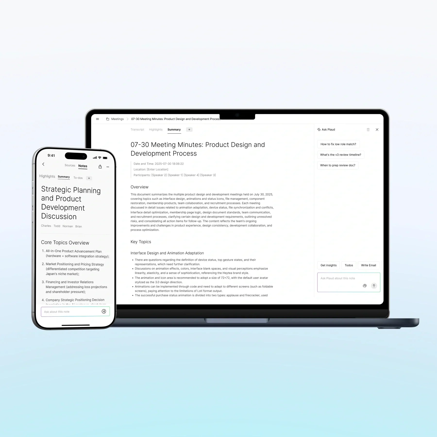 Plaud App and Plaud Web displaying AI-generated meeting summaries and key topics on a smartphone and laptop.