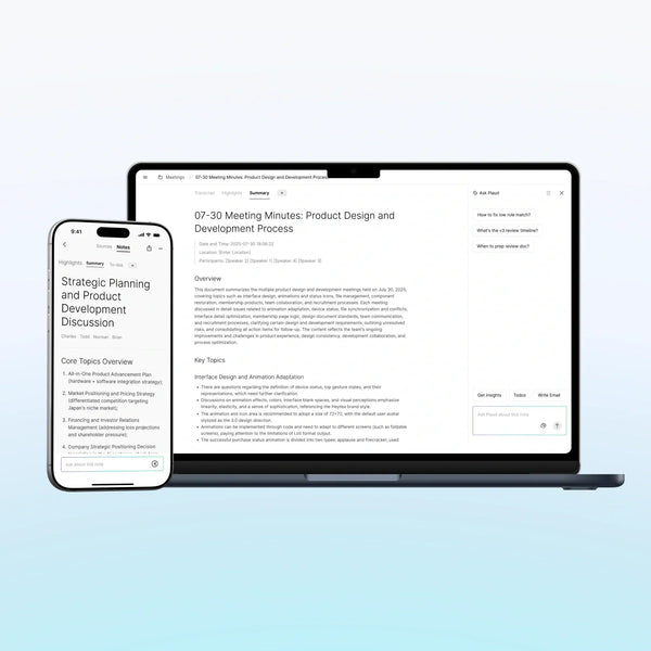 Plaud App and Plaud Web displaying AI-generated meeting summaries and key topics on a smartphone and laptop.