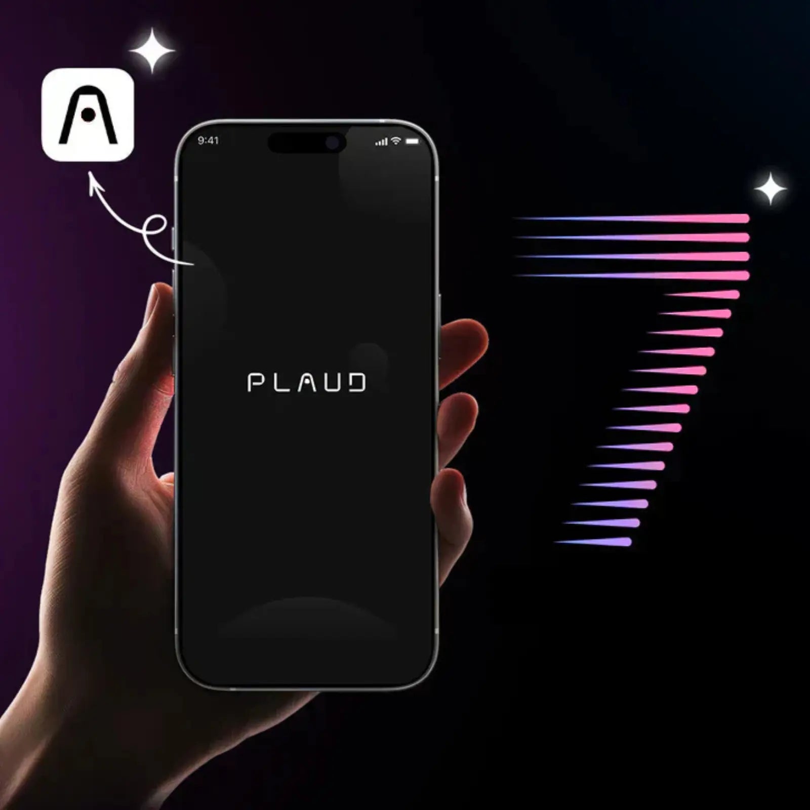 A hand holds a smartphone showing the Plaud App logo, with a large stylized number 7 in pink and purple.