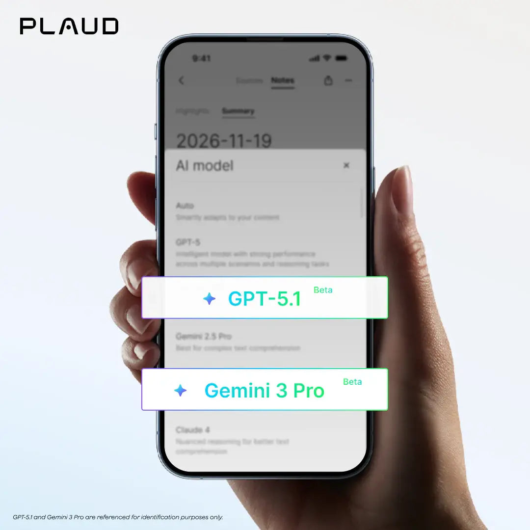 Plaud App on a smartphone displaying AI model selections like GPT-5.1 and Gemini 3 Pro.
