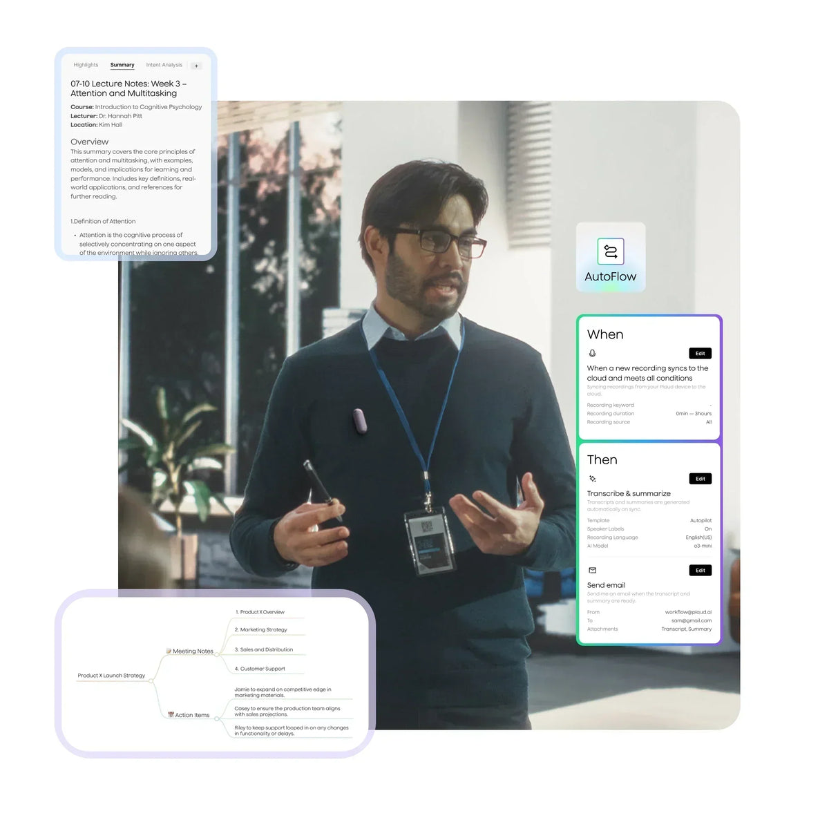 Man wearing a gray Plaud NotePin with UI overlays for AutoFlow automation and AI-generated summaries.