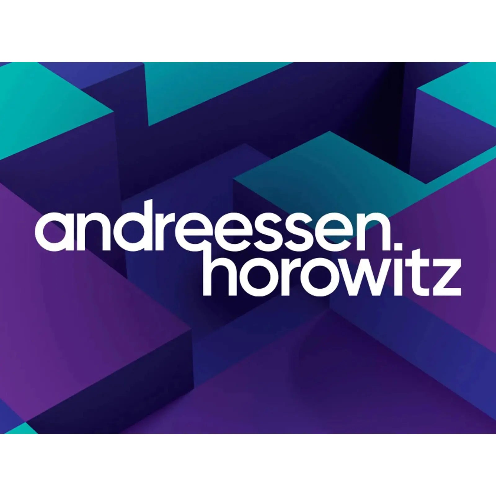 Andreessen Horowitz logo on a purple and teal geometric background.