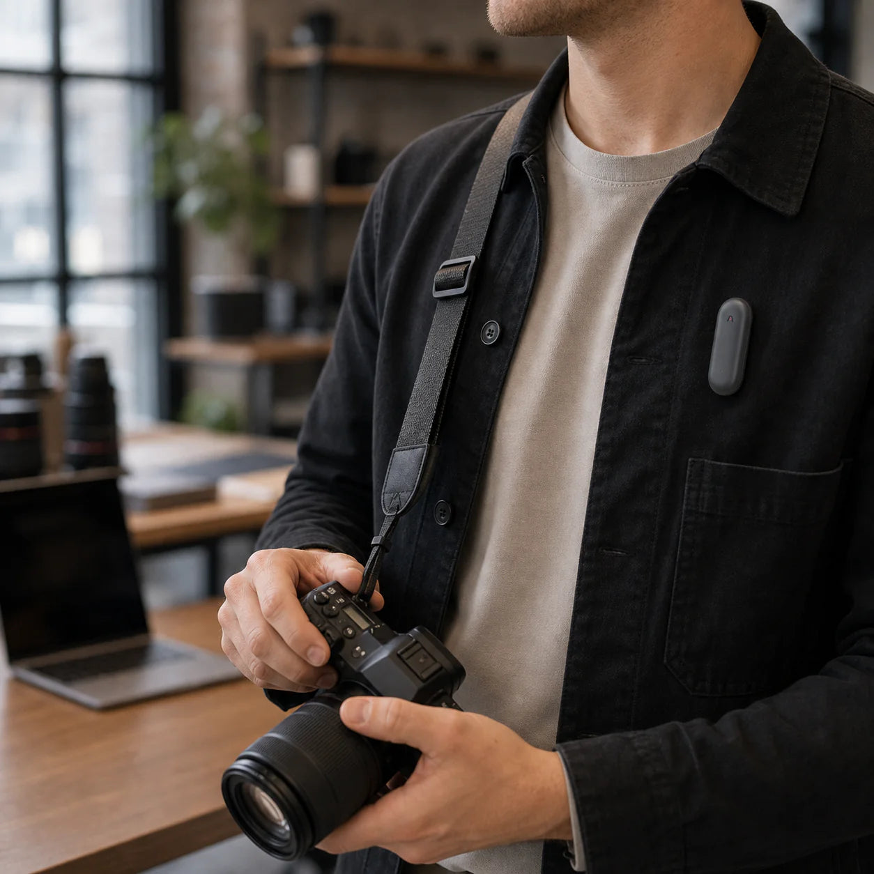 A person holding a camera with a clip-on microphone attached to their shirt in a workspace setting.