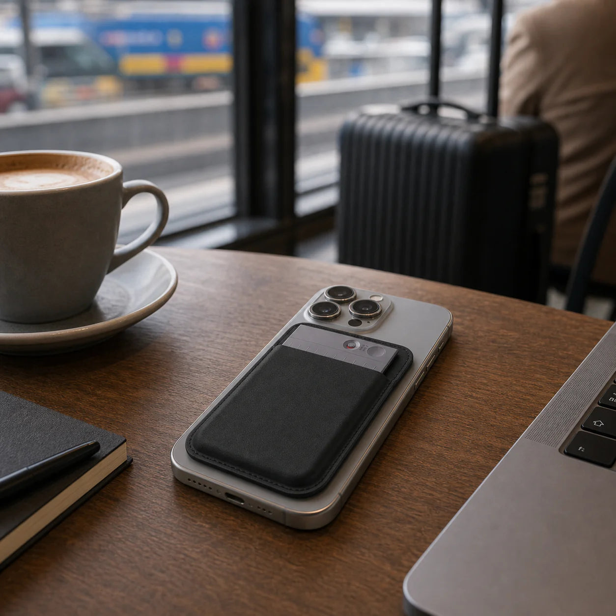A coffee cup on a saucer next to a smartphone with a card holder, a notebook, and a laptop on a wooden table.
