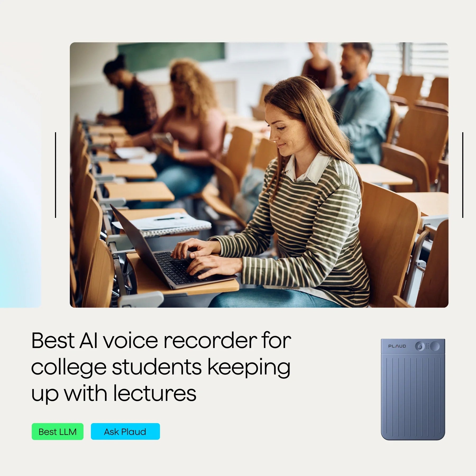 A college student typing on a laptop in a classroom setting with other students in the background.