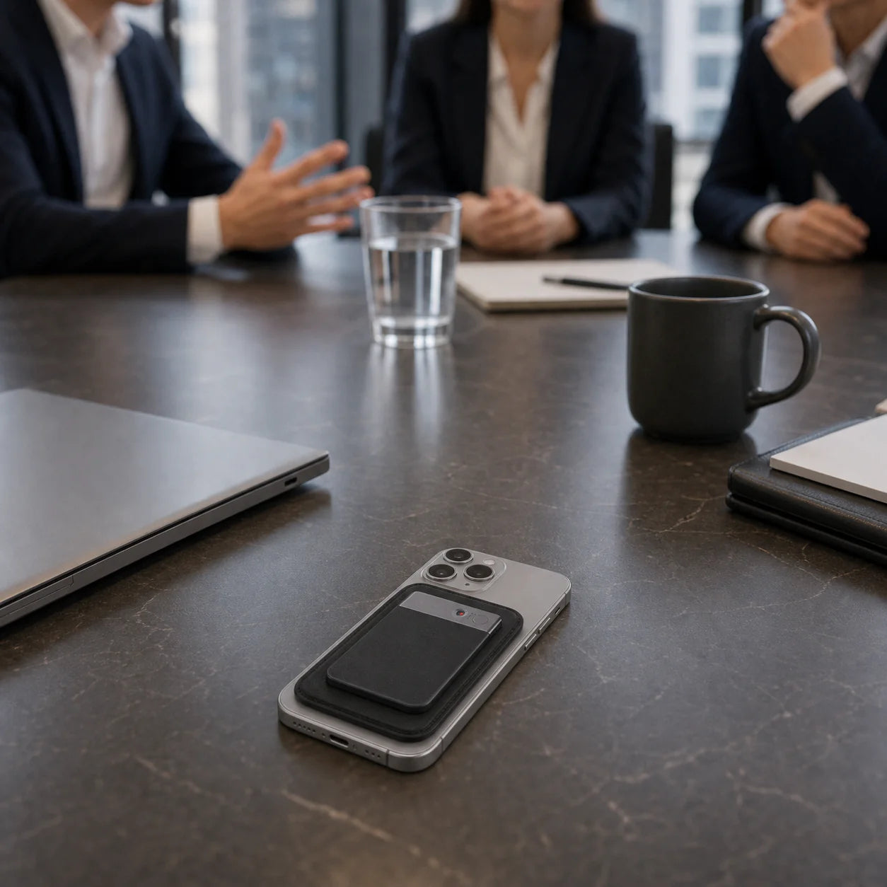 A smartphone with a voice recorder device on a conference table with a glass of water, a cup, a laptop, and notebooks.
