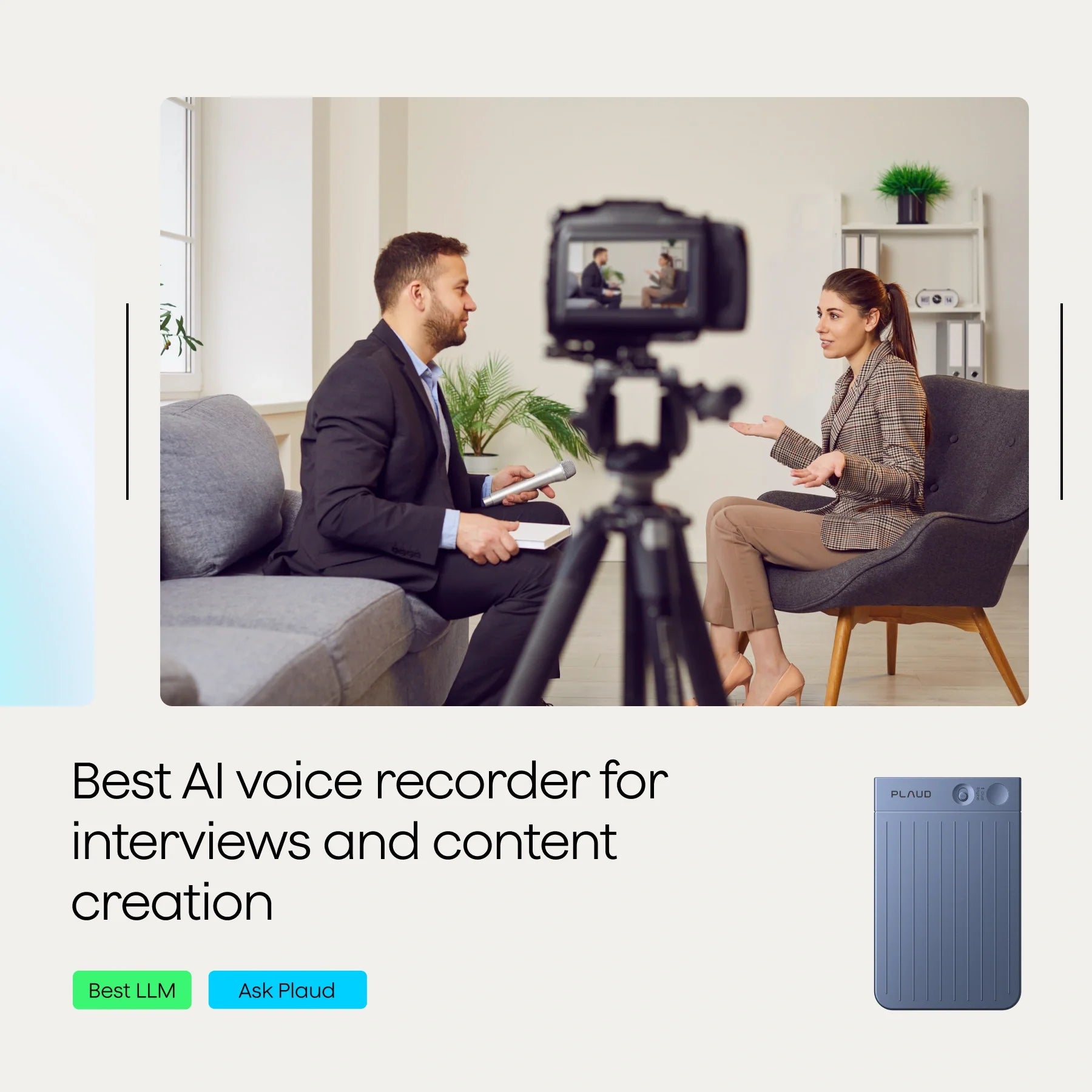 A man and a woman engaged in a discussion, with a camera on a tripod recording them.