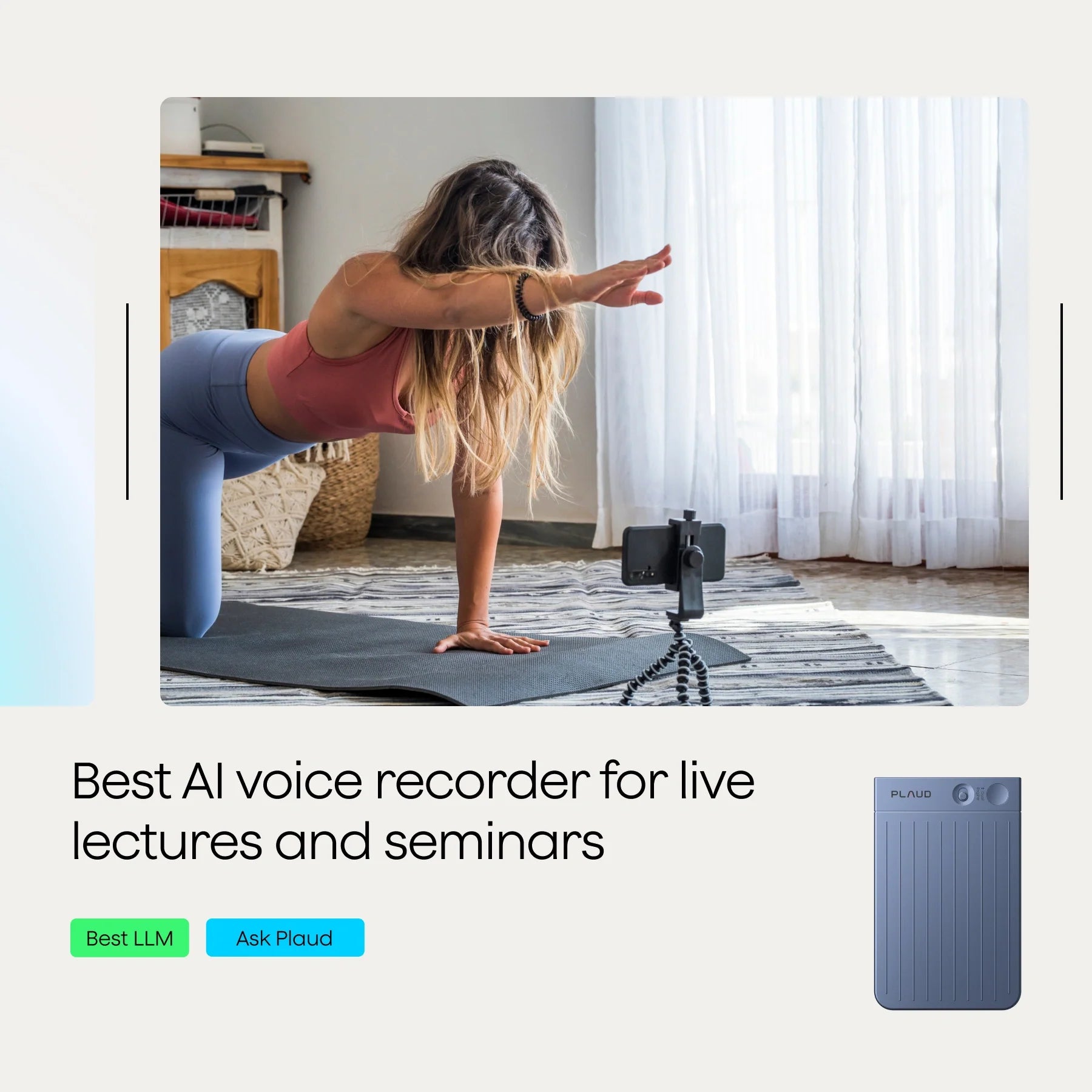 A person in a yoga pose on a mat with a recording device on a tripod nearby.