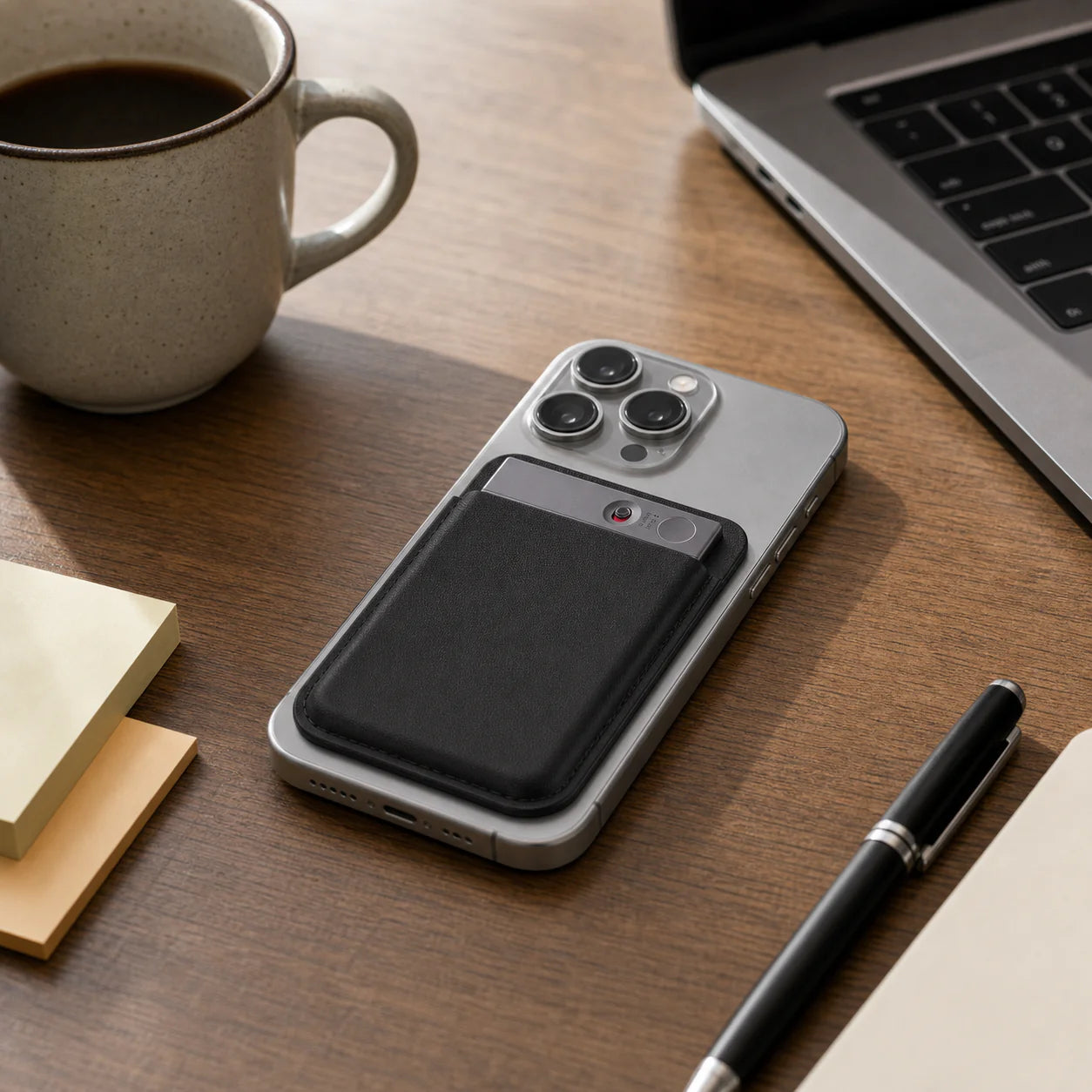 A smartphone with a black accessory attached, a cup of coffee, sticky notes, and a pen on a wooden desk.
