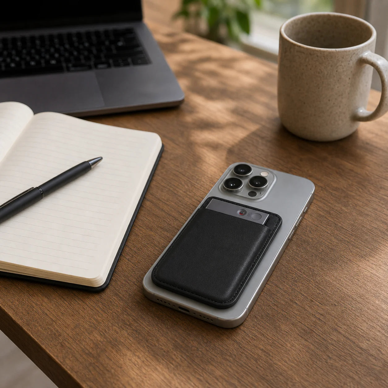 A smartphone with a card holder on a wooden desk, next to a blank notebook with a pen and a coffee cup.