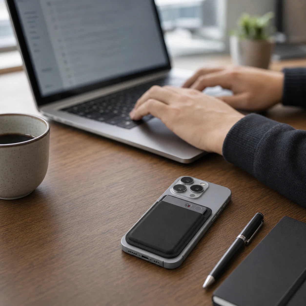 A person's hand typing on a laptop keyboard, with a cup of coffee, a smartphone, a pen, and a notebook on a wooden desk.