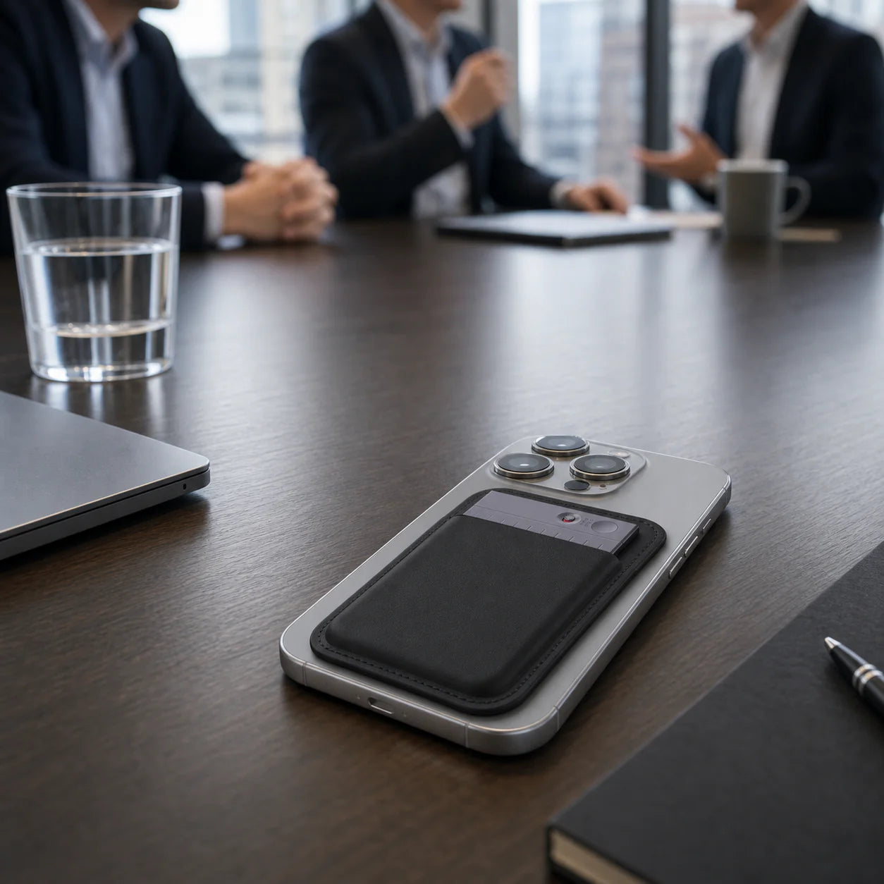 A smartphone with a black wallet case lies on a wooden table, with three people in business attire communicating in the background.