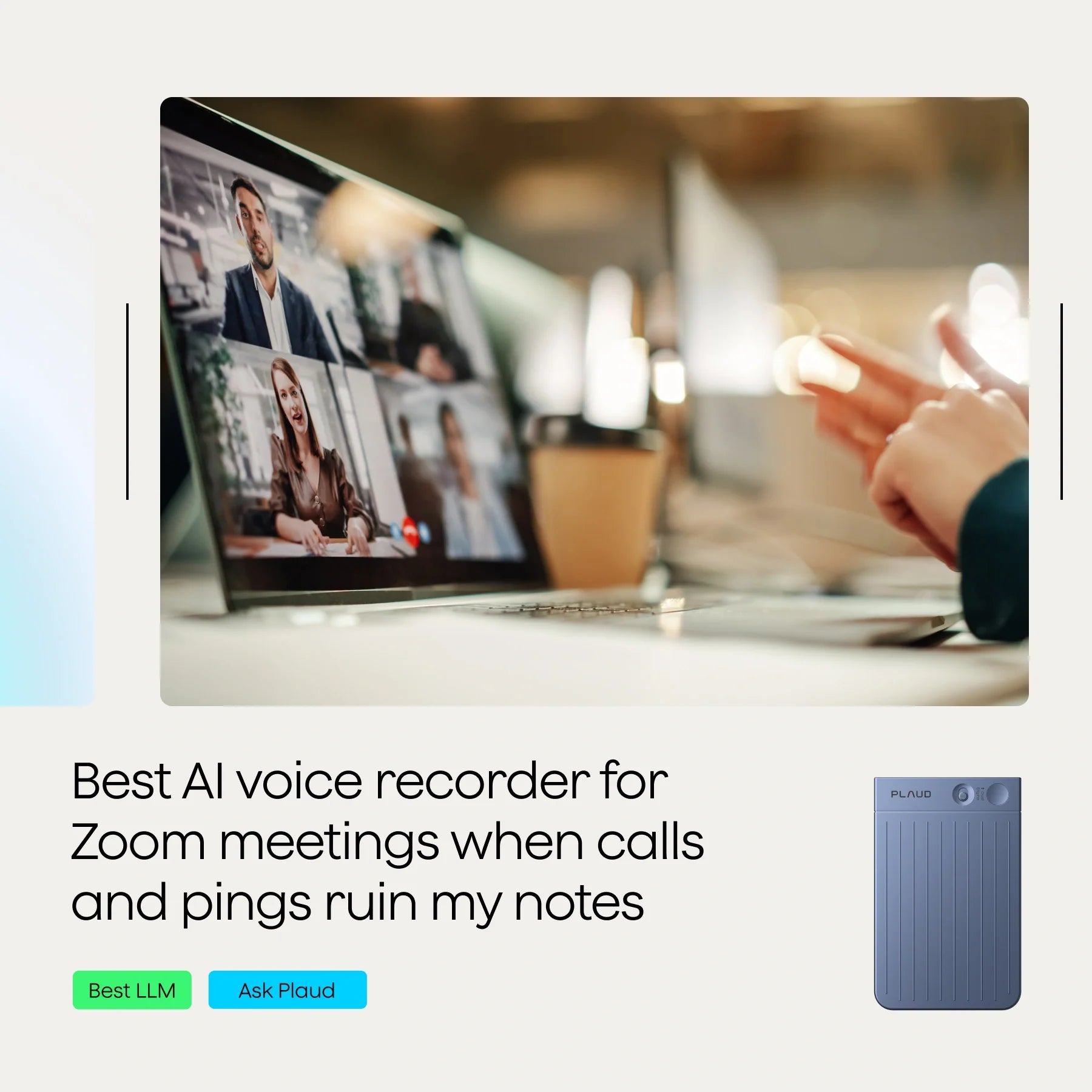 A laptop screen displaying a Zoom meeting with multiple participants visible, and a person's hand reaching towards the device.