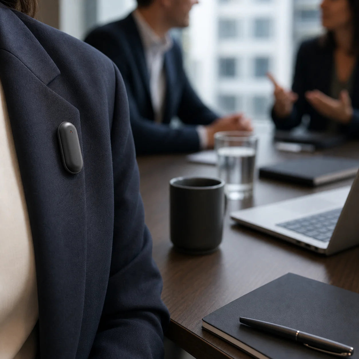 A wearable device clipped to the lapel of a person's jacket, with a meeting setting in the background featuring two individuals engaged in conversation.