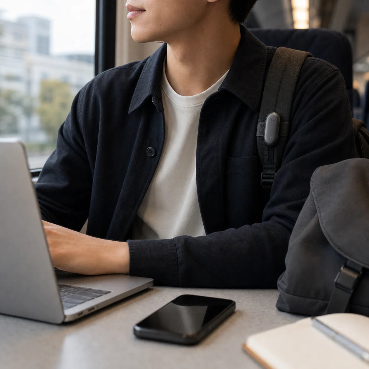 A person sitting by a window in a train, using a laptop with a smartphone and a notebook on the table.