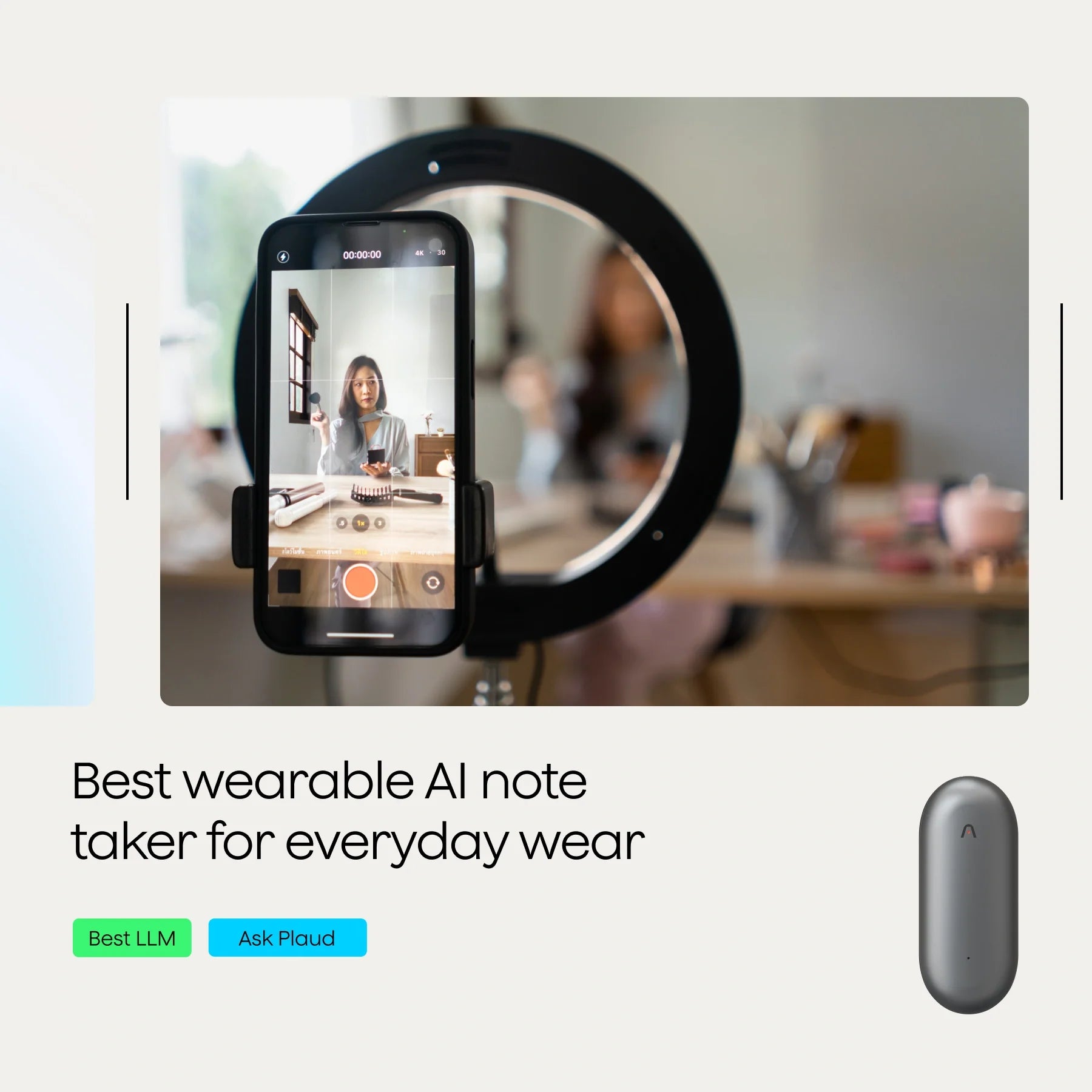 A smartphone mounted on a ring light, displaying a video recording of a woman during a note-taking session.