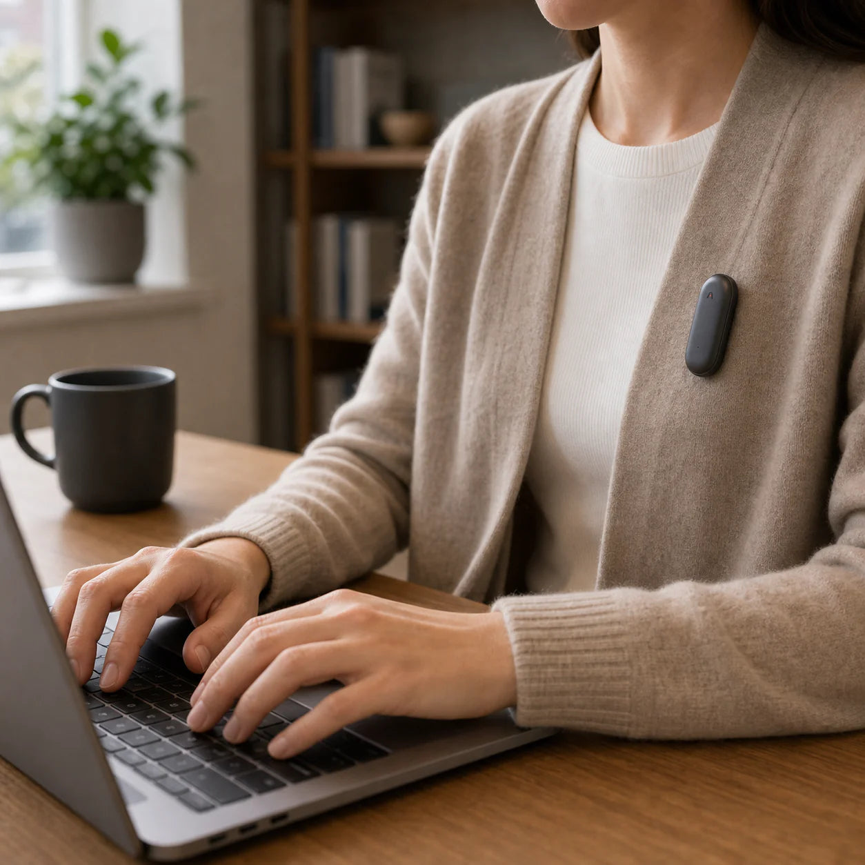 A person typing on a laptop with a wearable device attached to their cardigan.