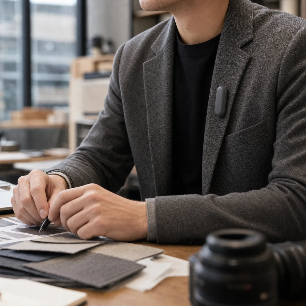 A person wearing a gray blazer is sitting at a table covered with fabric swatches, holding a pen and preparing to take notes.