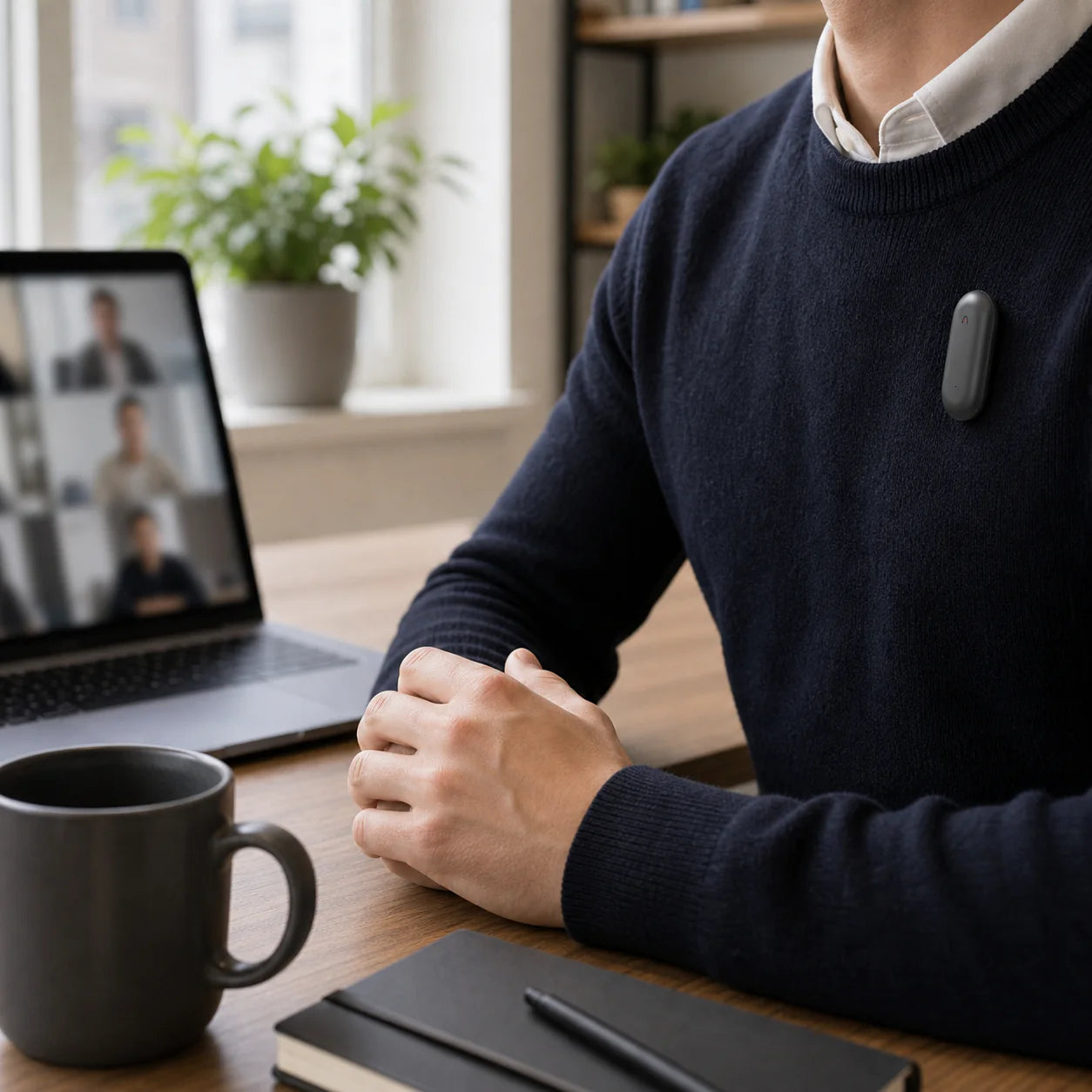 A person wearing a wearable device sits at a table with a laptop displaying a video call, a coffee mug, and a notebook.