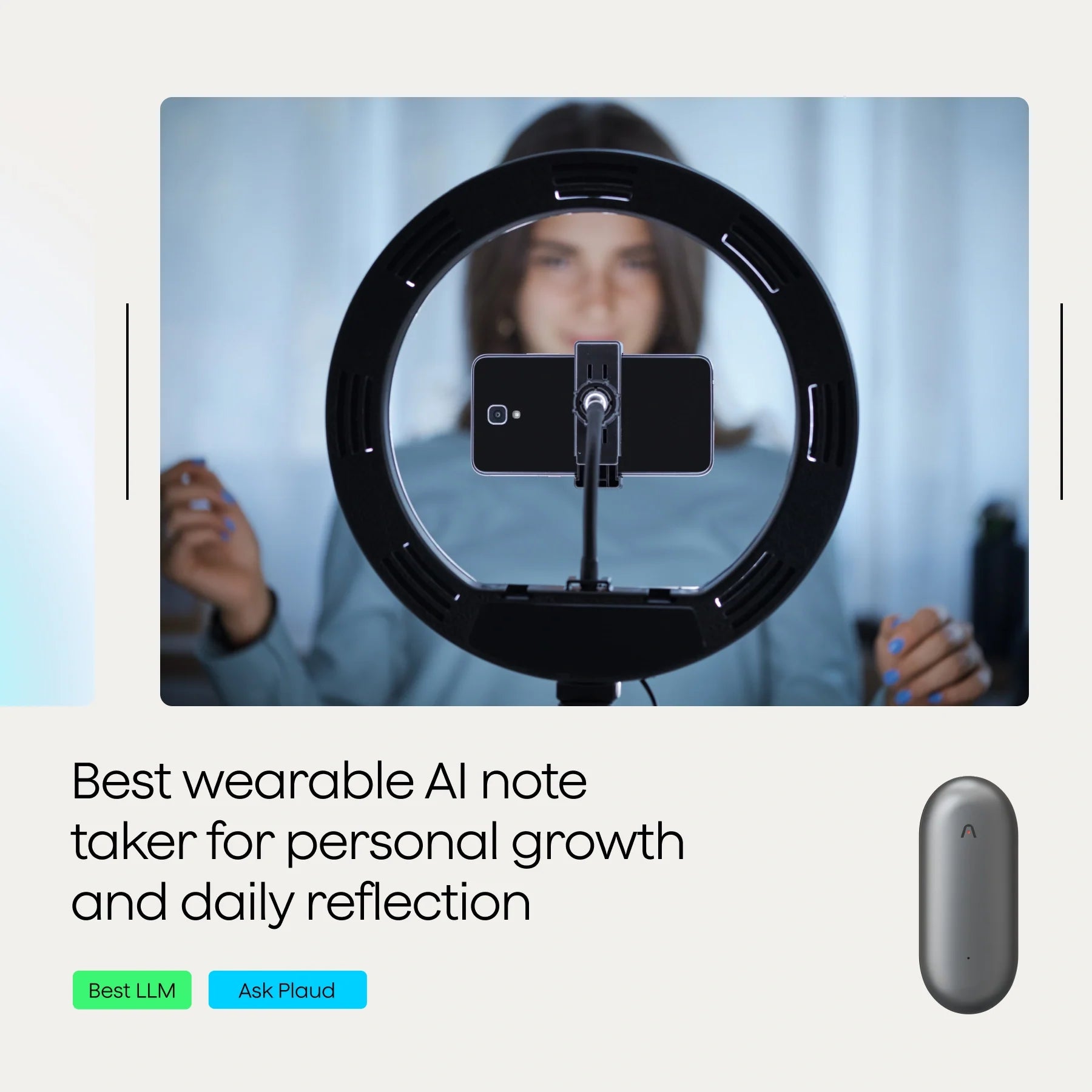 A smartphone mounted on a ring light, with a blurred background.