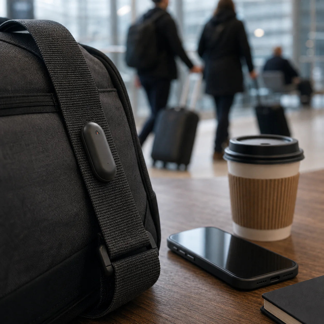 A black bag with a wearable device attached, a smartphone, a coffee cup, and a notebook on a table, with people in the background.