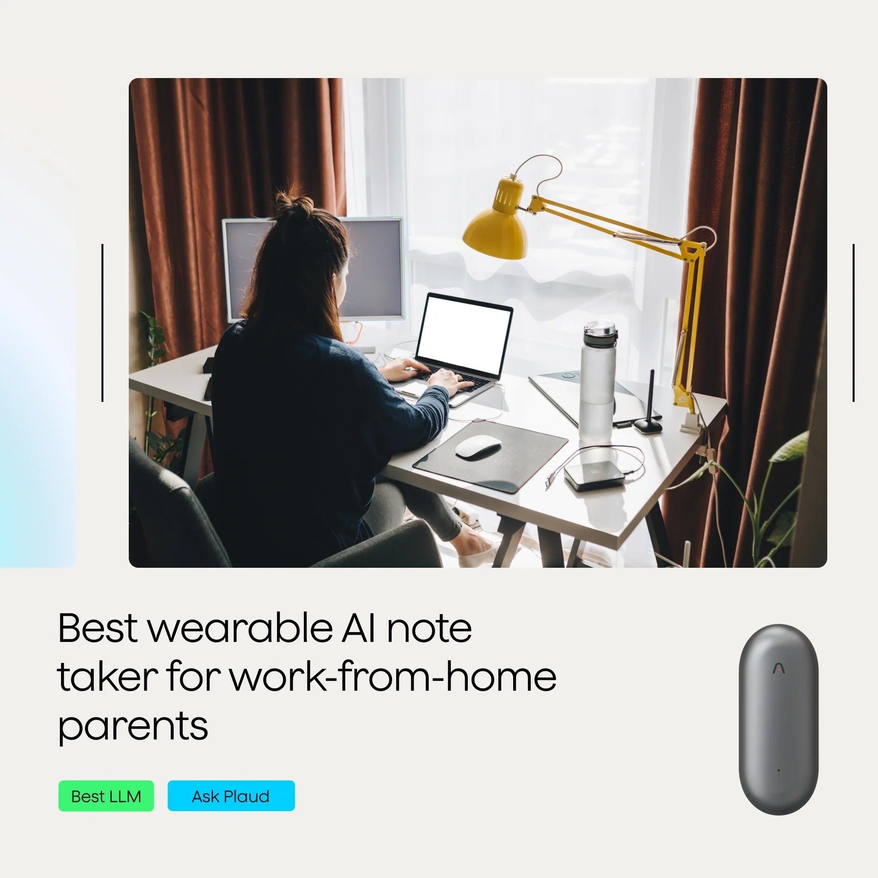 A person working at a desk with a laptop and two monitors, accompanied by a yellow lamp and a water bottle.