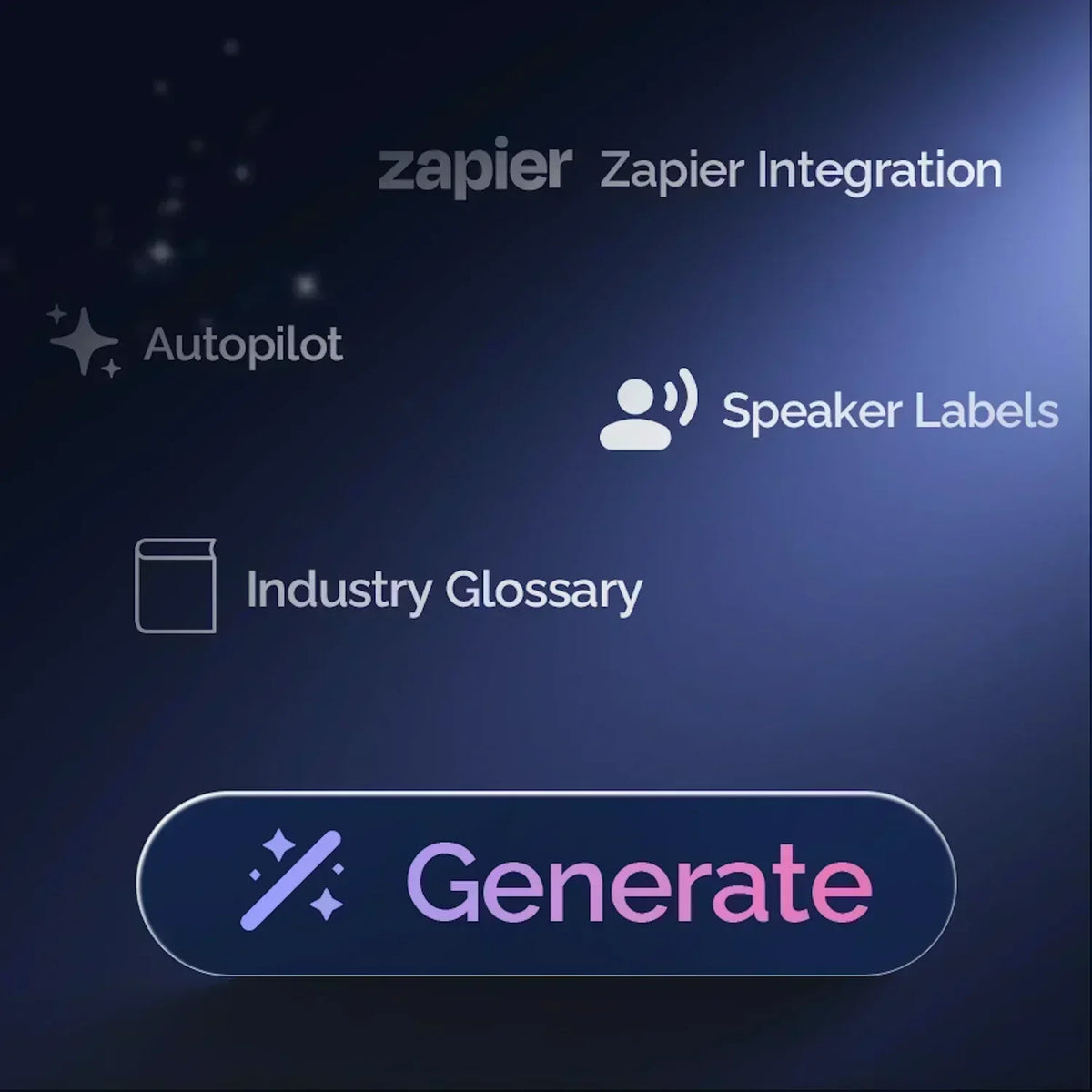 Plaud App features including Zapier Integration, Autopilot, Speaker Labels, Industry Glossary, and a Generate button.