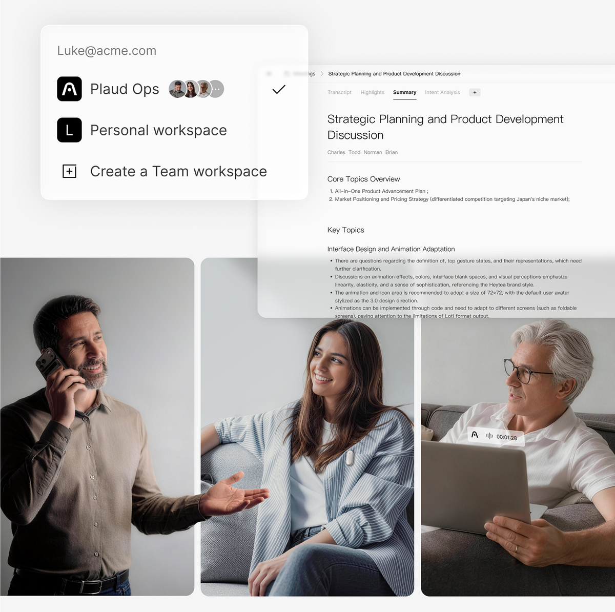 Professionals using Plaud Note and Plaud NotePin with the Plaud App for AI meeting summaries.