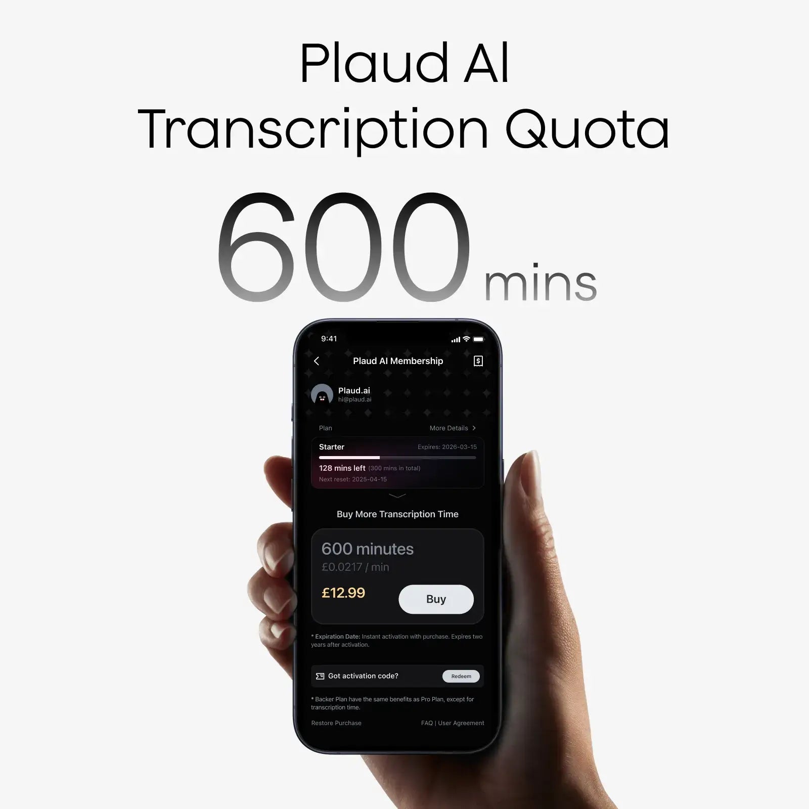 Plaud AI Transcription Quota (600 mins)