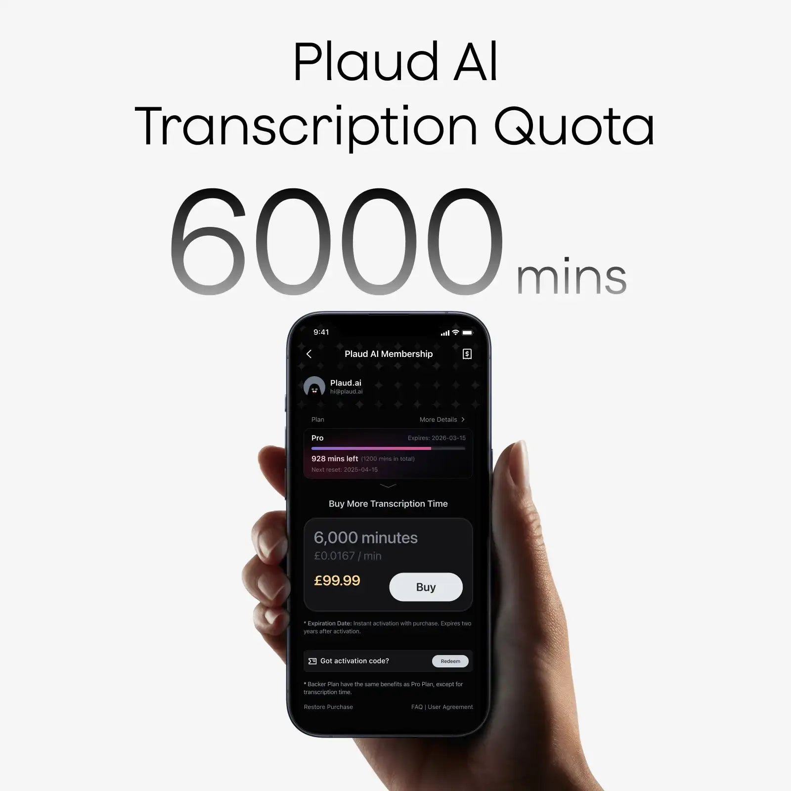 Plaud AI Transcription Quota (6,000mins)
