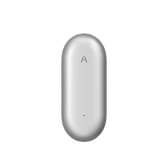 A silver Plaud NotePin, a capsule-shaped AI voice recorder, is shown vertically on a clean white background.