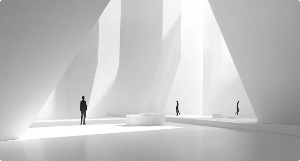 Abstract minimalist white architectural hall with small black silhouettes of people.