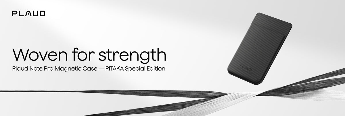 Black woven Plaud Note Pro Magnetic Case PITAKA Special Edition with 'Woven for strength' text.