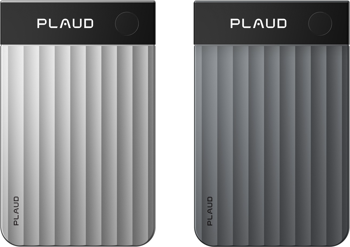 Silver and gray Plaud Note Pro AI voice recorders with ribbed textures and top screens.