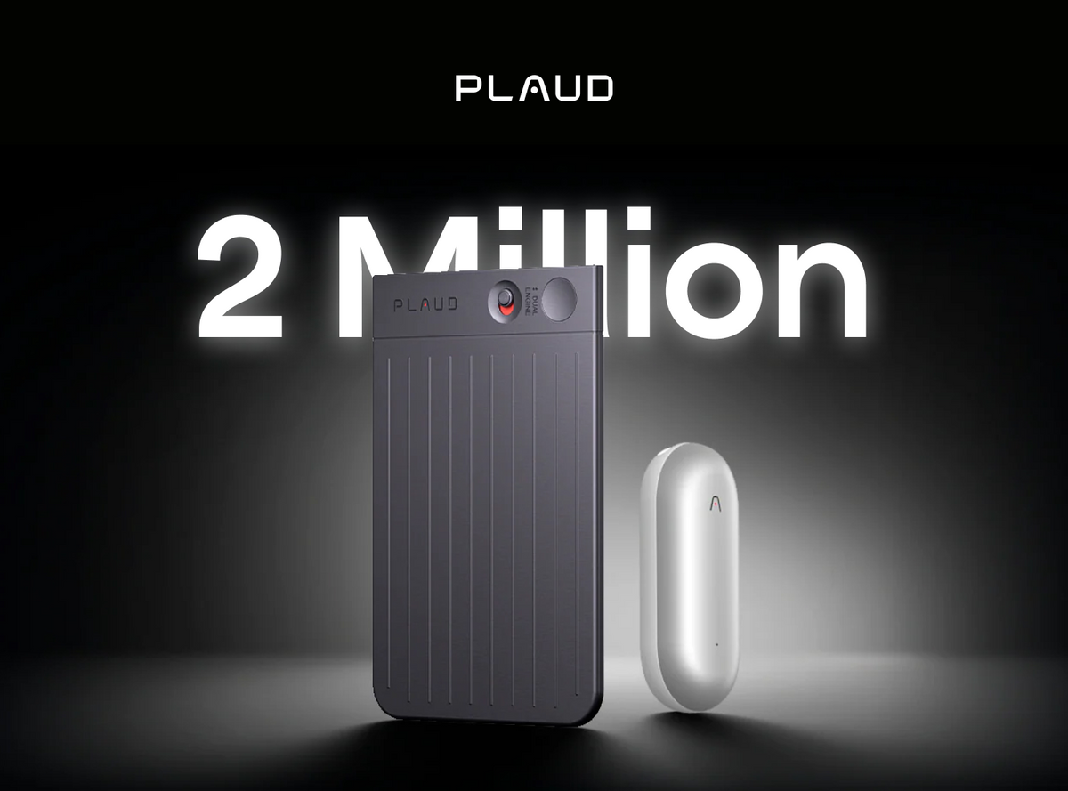 Black Plaud Note and silver Plaud NotePin shown with 2 Million milestone text.