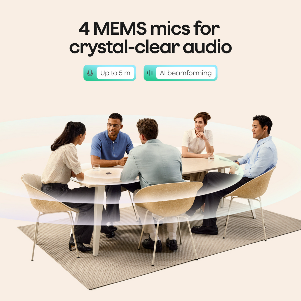 Five professionals sit around a meeting table with a Plaud Note Pro, which uses 4 MEMS mics and AI beamforming to capture audio up to 5 meters.