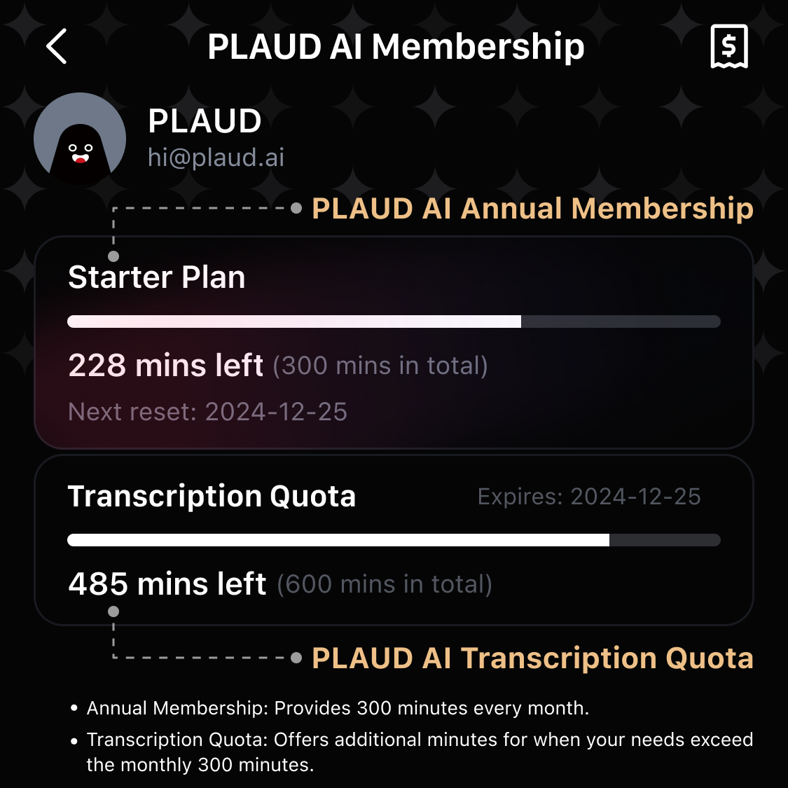 PLAUD AI Transcription Quota (600 mins)