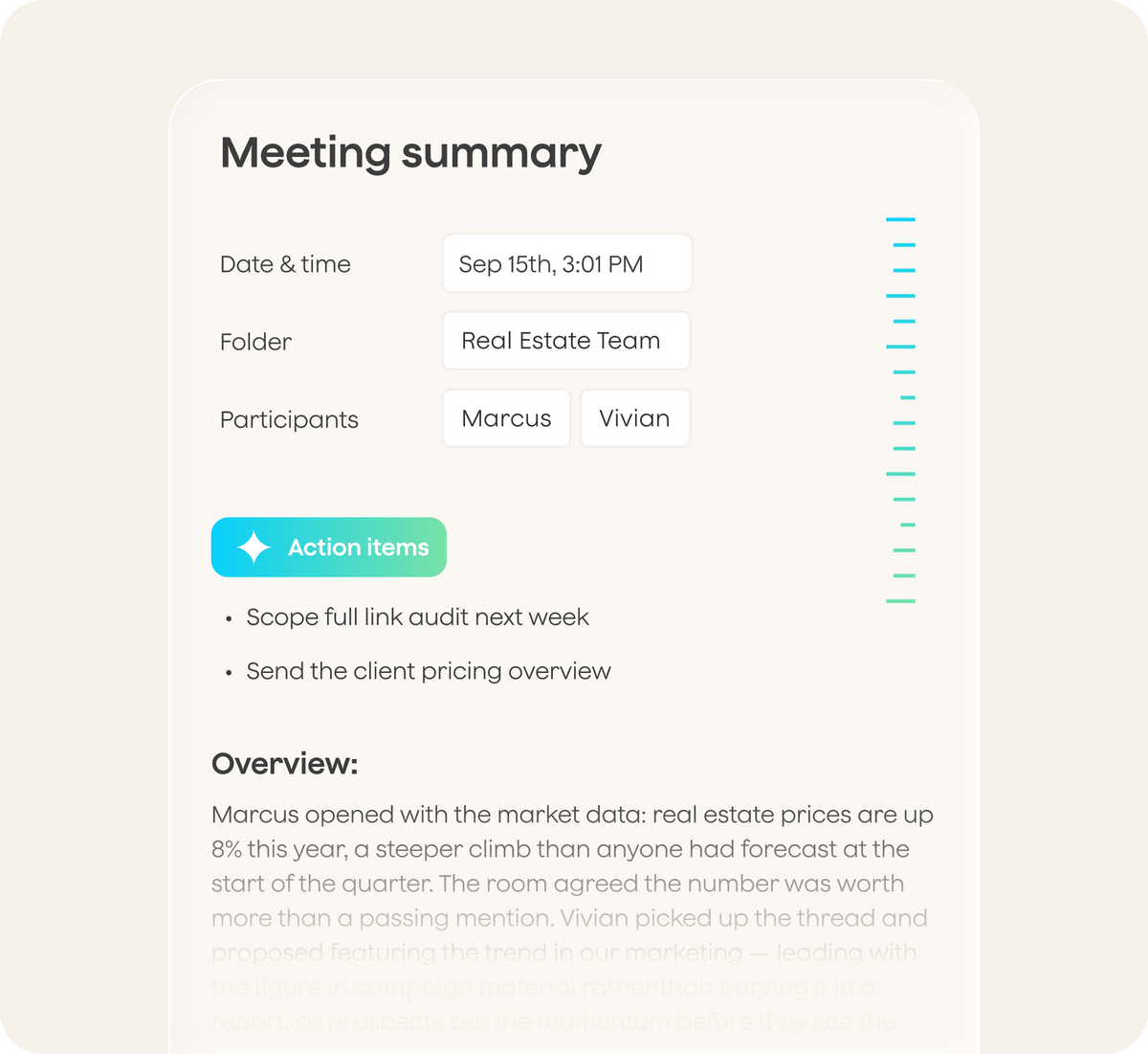 A Plaud App meeting summary displays action items and a detailed overview for a real estate team meeting between Marcus and Vivian.