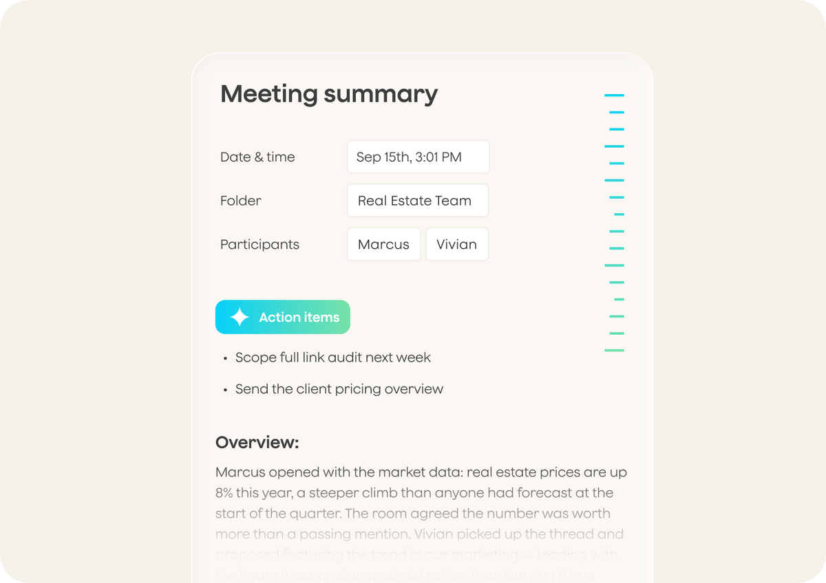 A meeting summary card listing date, participants, action items, and a written section