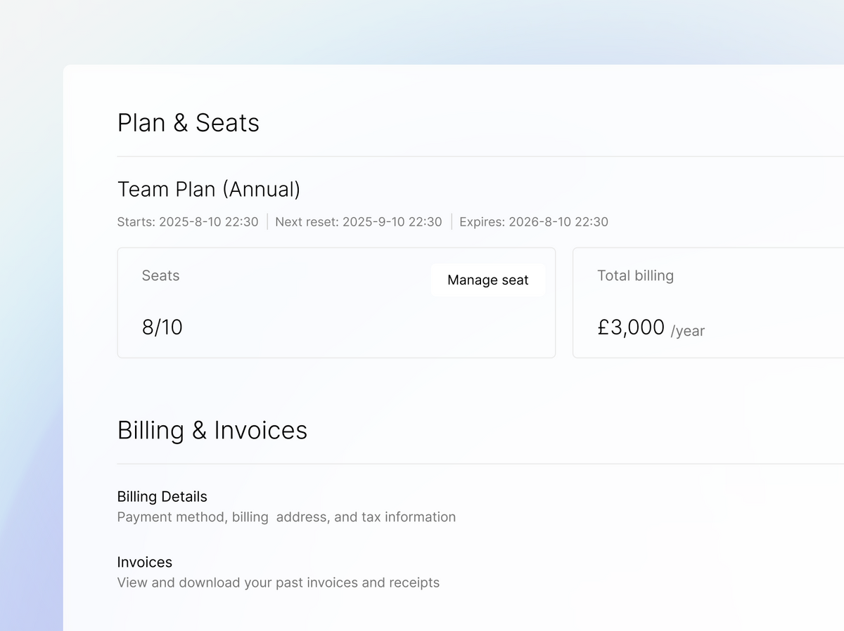 Plaud App UI showing annual Team Plan with 8/10 seats used and billing management.