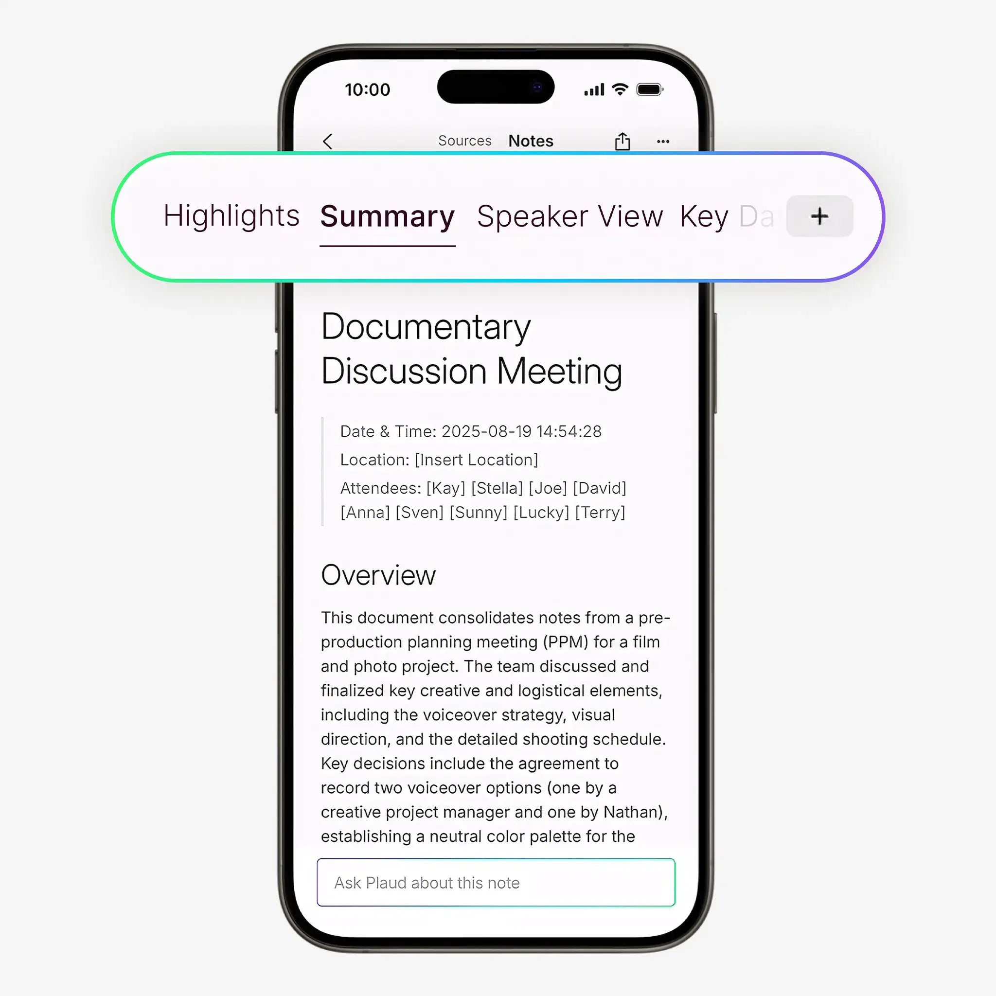 Plaud App interface showing an AI-generated meeting summary with highlights, speaker view, and an AI chat input.
