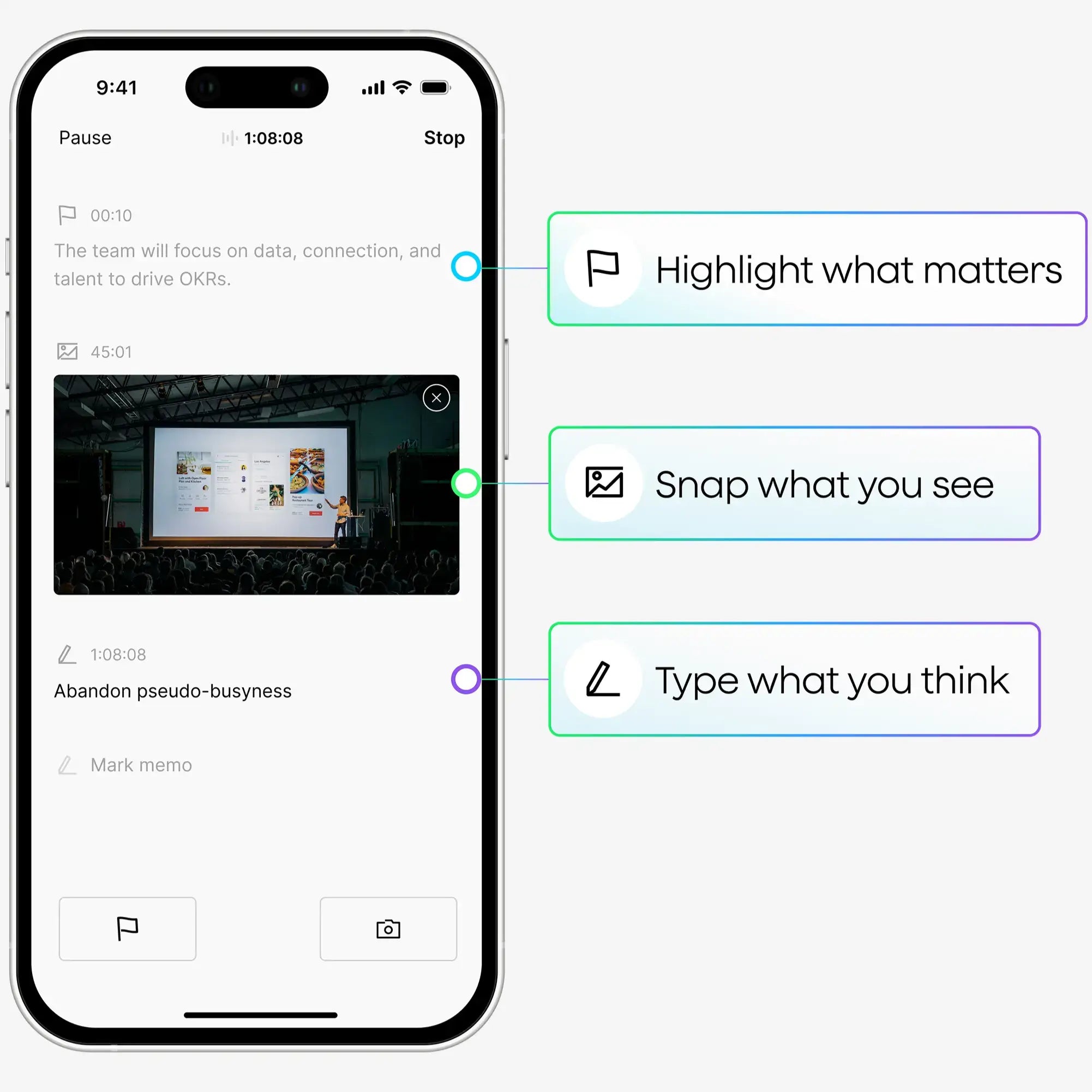 Plaud App interface showing transcription highlights, photo attachments, and typed notes during a recording.