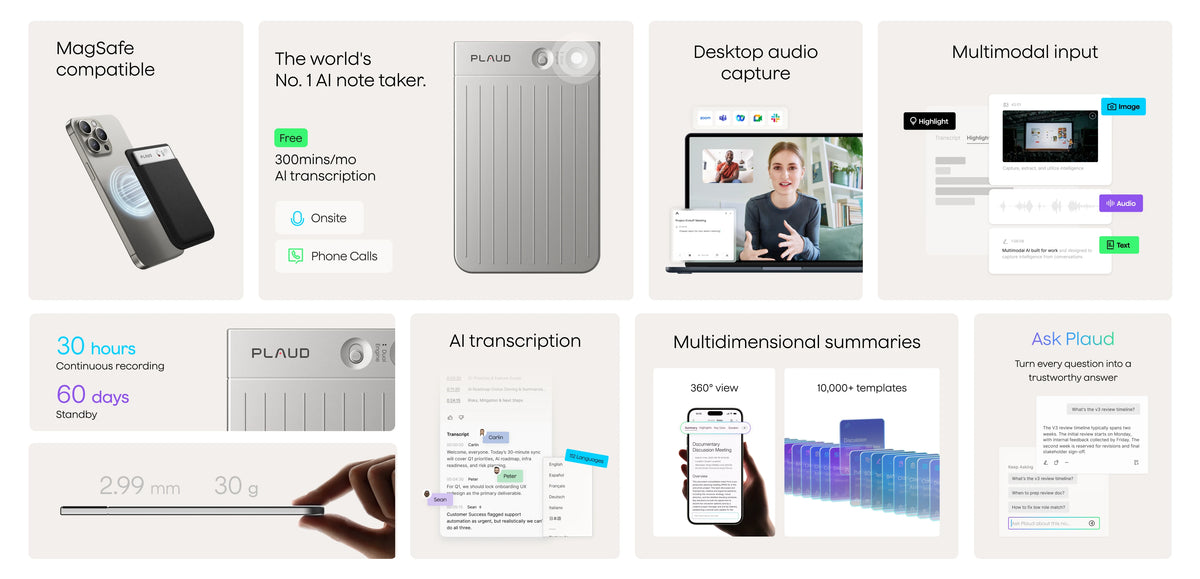 Plaud Note features: MagSafe, 30-hour battery, AI transcription, and Ask Plaud AI assistant.