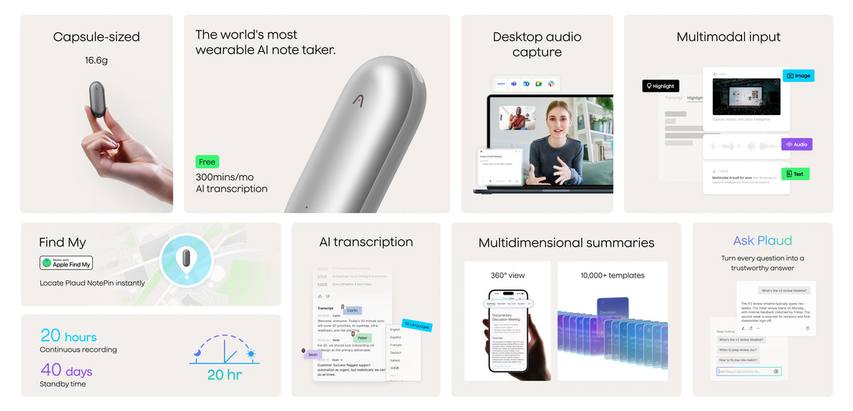 Silver Plaud NotePin features: capsule size, AI transcription, 20h recording, and Find My integration.