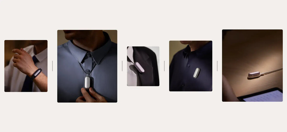 Silver Plaud NotePin shown worn as a wristband, necklace, and clip-on, plus charging on a desk.
